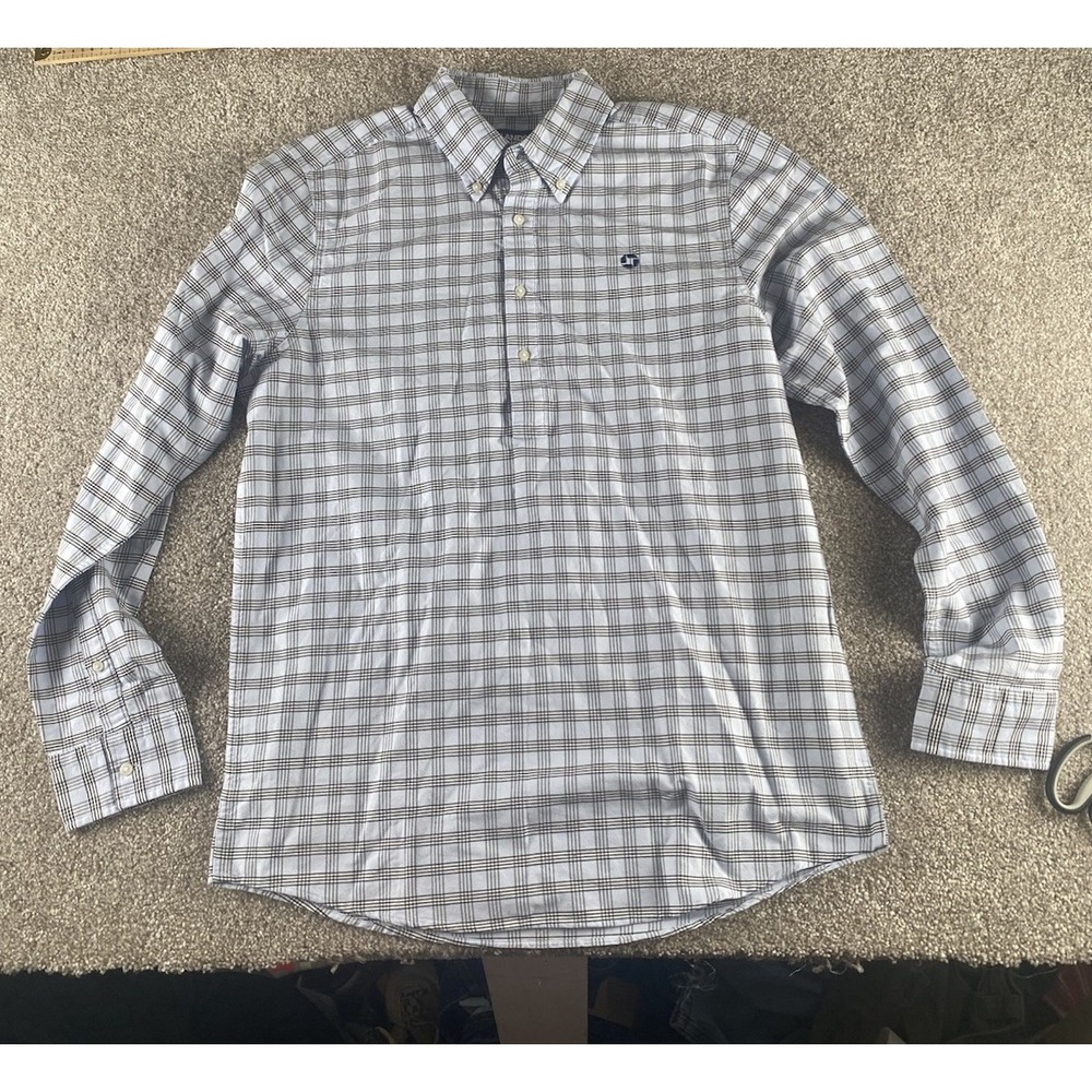 Lands Ends Chase Bank Blue Plaid 3 Button Polo Long Sleeve 15-15.5 Mens M Preppy - Picture 3 of 8